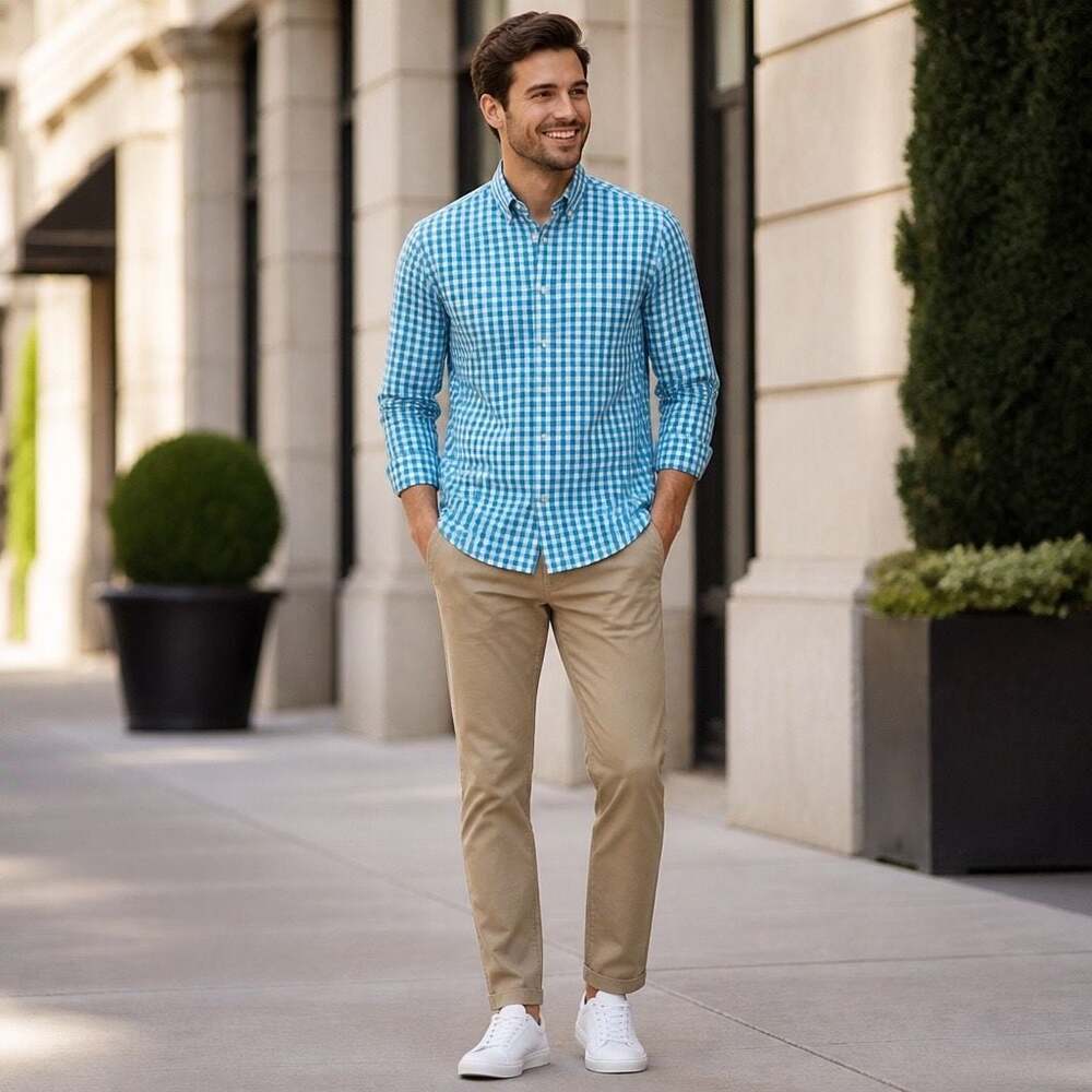 Forsyth of Canada Men's Non-Iron Blue and White Gingham Button Down Shirt